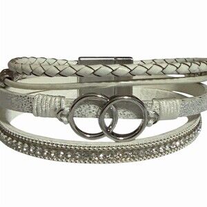 Boho Bracelet White Multi-Strand Wrap Rhinestone Band Magnetic